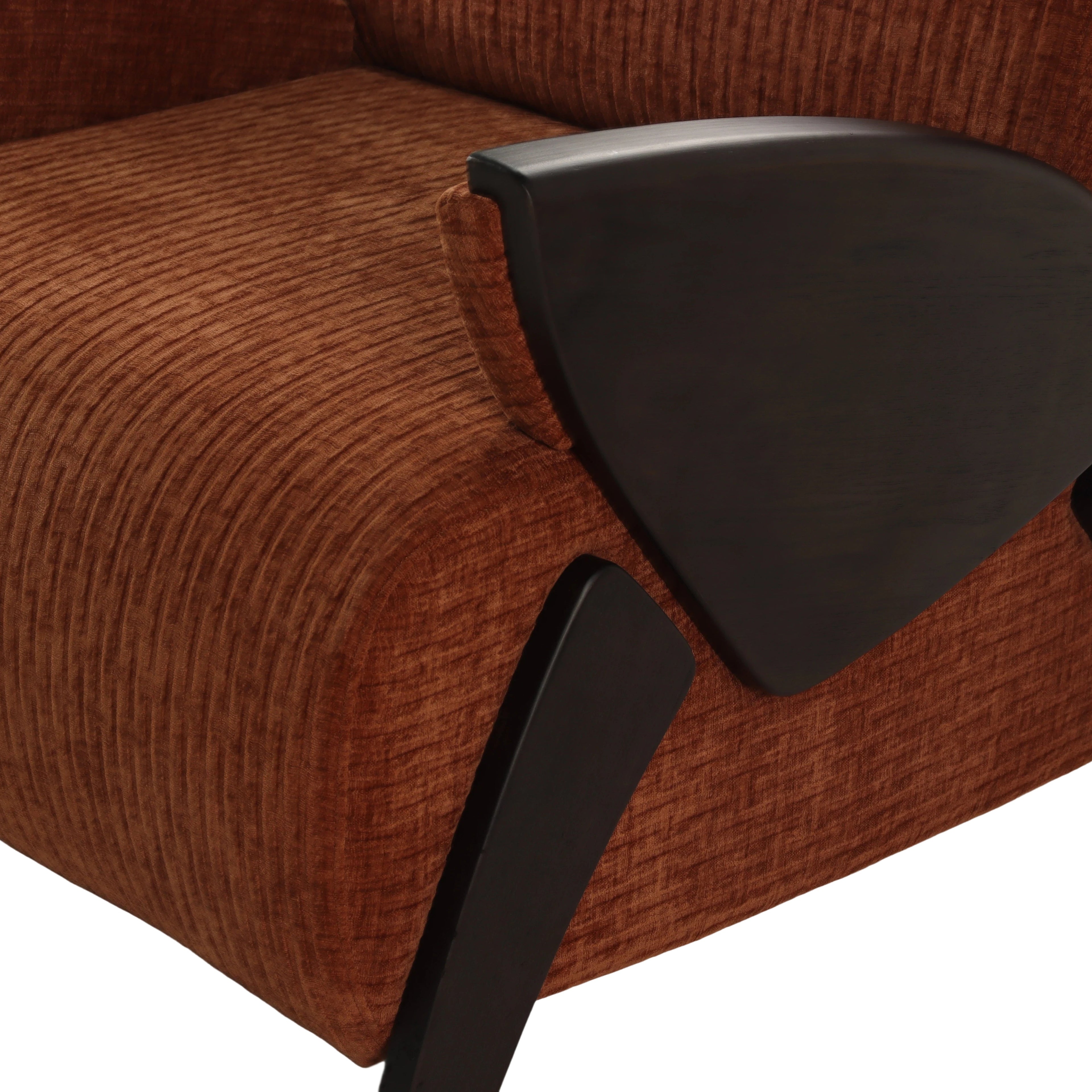 Brick Red Chenille Accent Chair - Curved Multi-Layer Wood Panel Arms & Legs