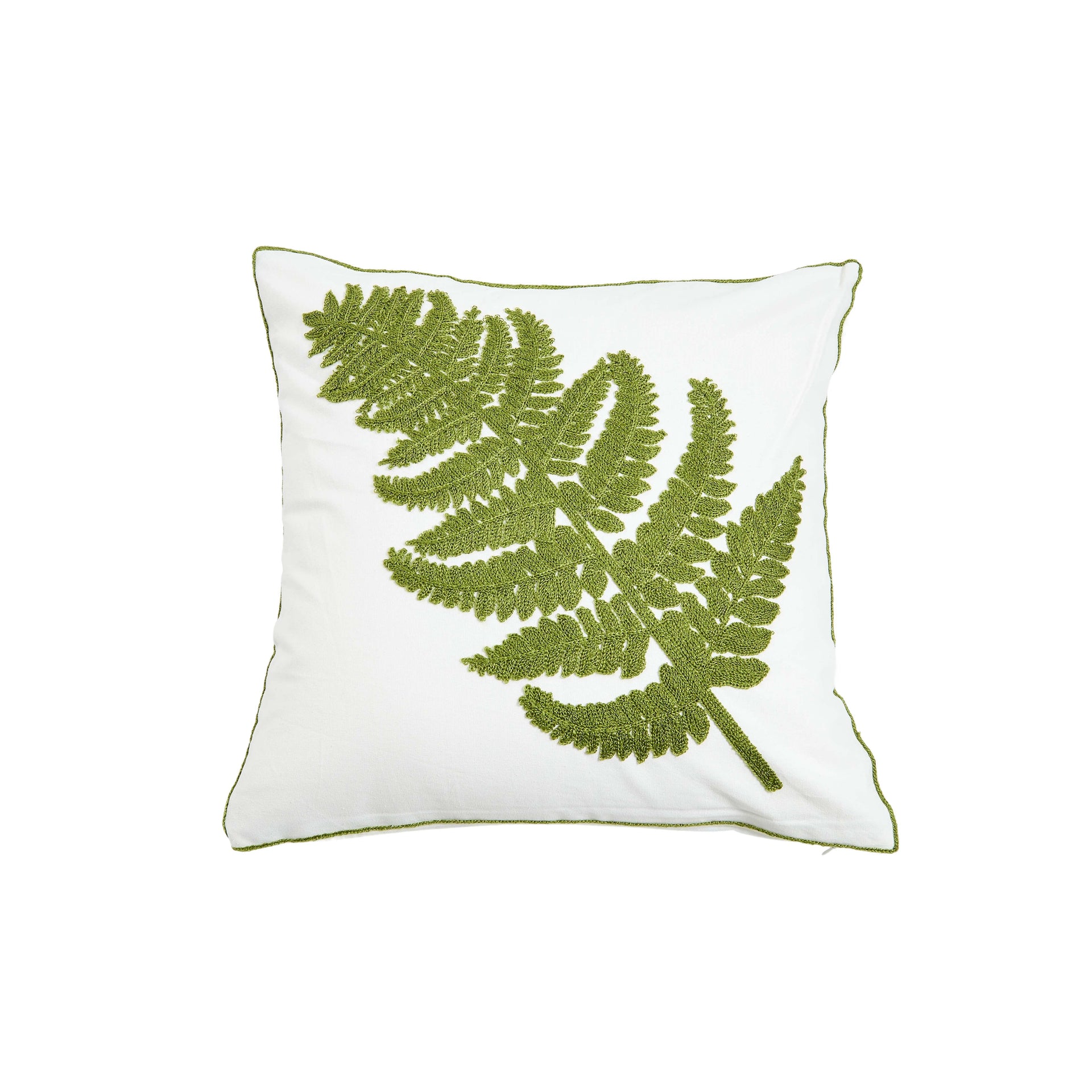 Linen square decorative pillow, one side embroidered with a botanical pattern