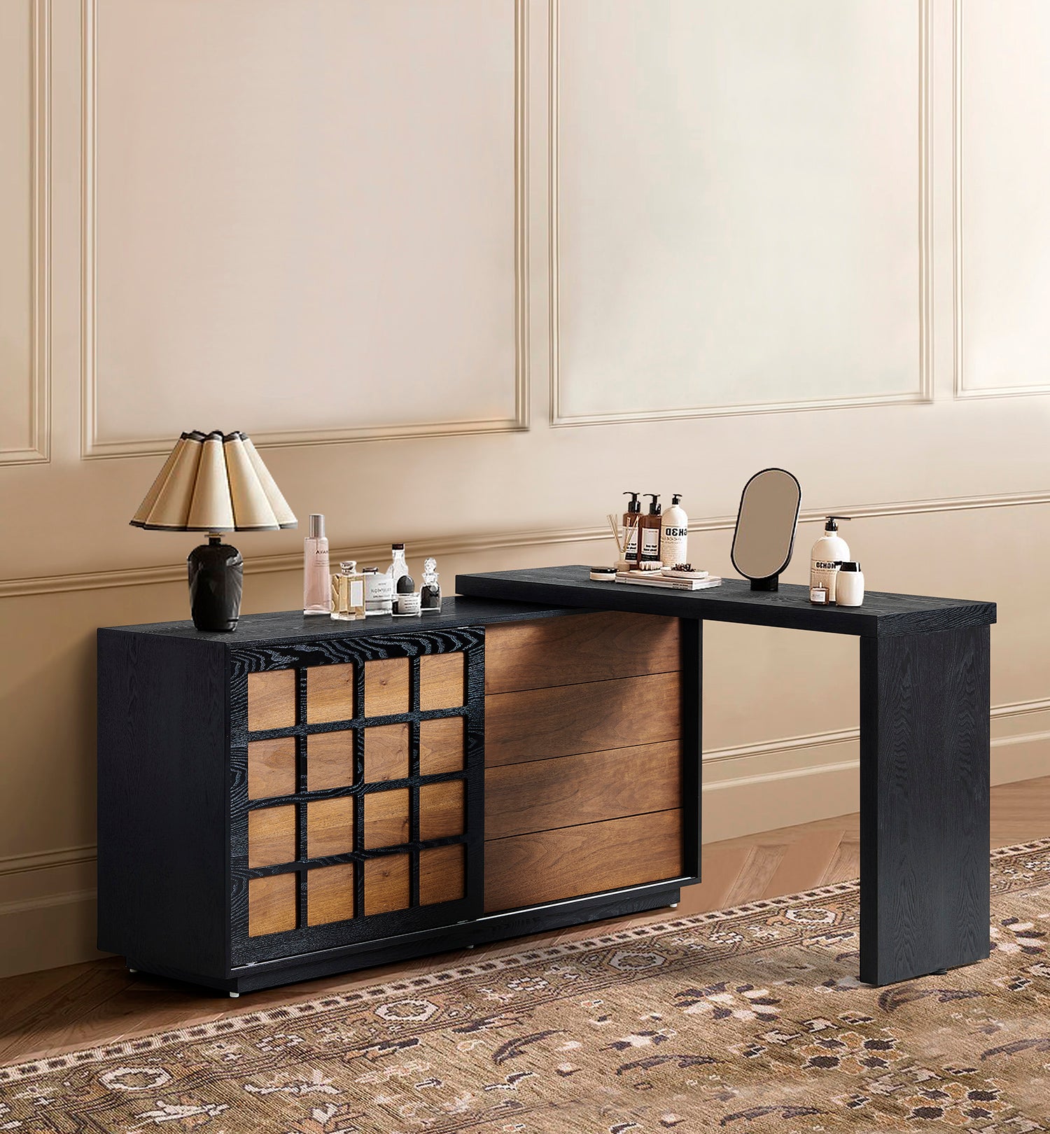 Mid-Century Minimalist Dressing Table with Push-to-Open Drawers Versatile Placement (Straight/L-Shape)