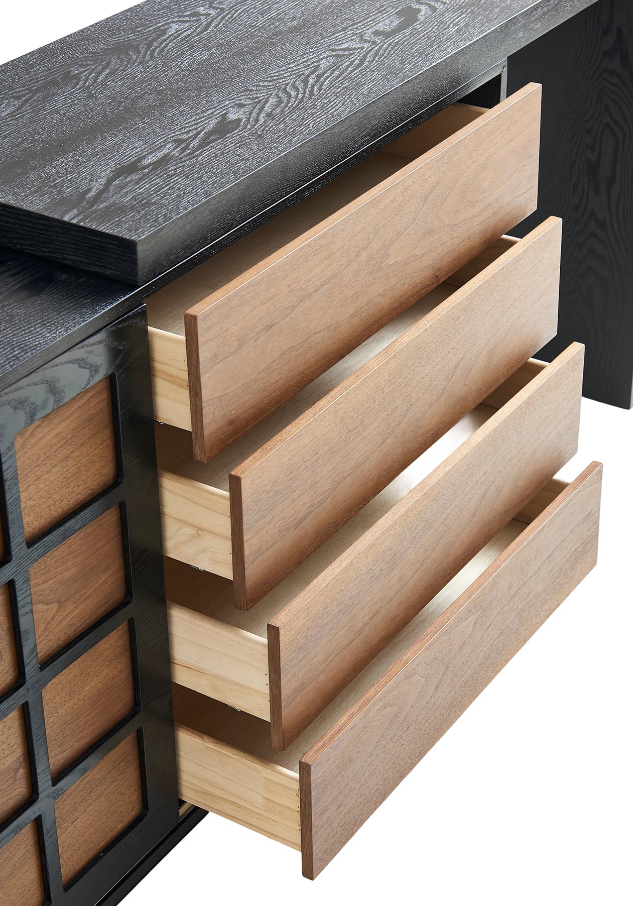 Mid-century plywood dressing table with push-to-open drawers