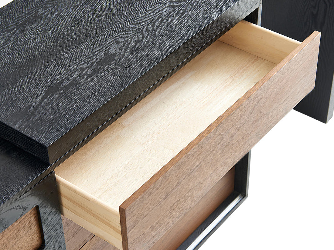 Mid-century plywood dressing table, natural wood finish inside drawers