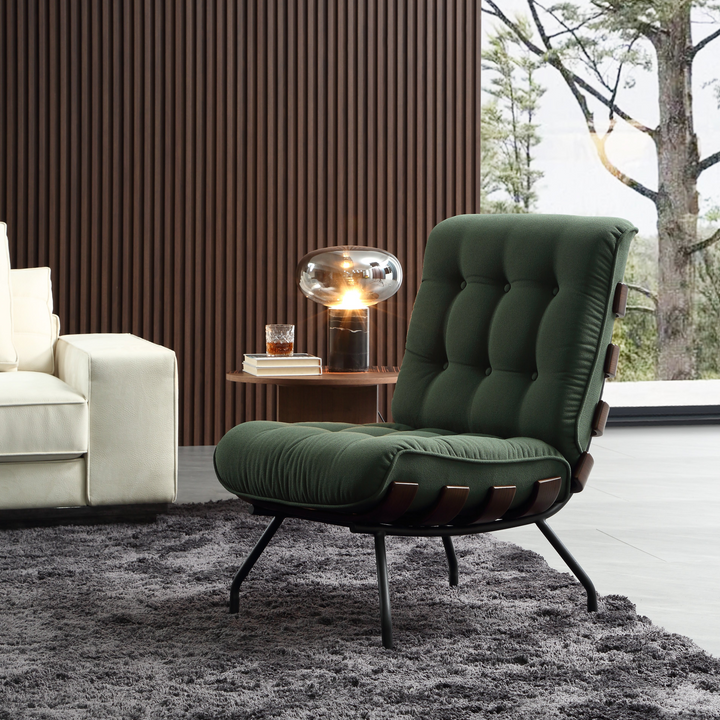 Vintage Green Armless Chair - Detachable Padded Back, Wood Slats