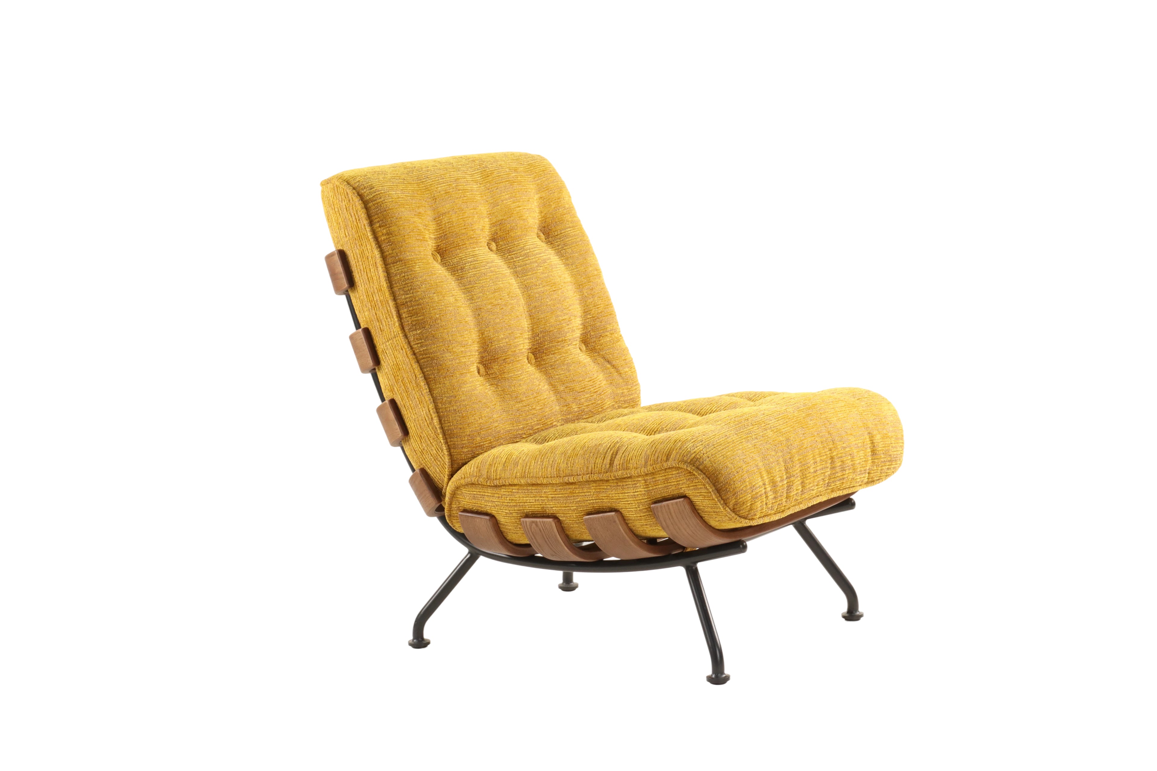 Warm Yellow Armless Chair - Detachable Padded Back, Wood Slats