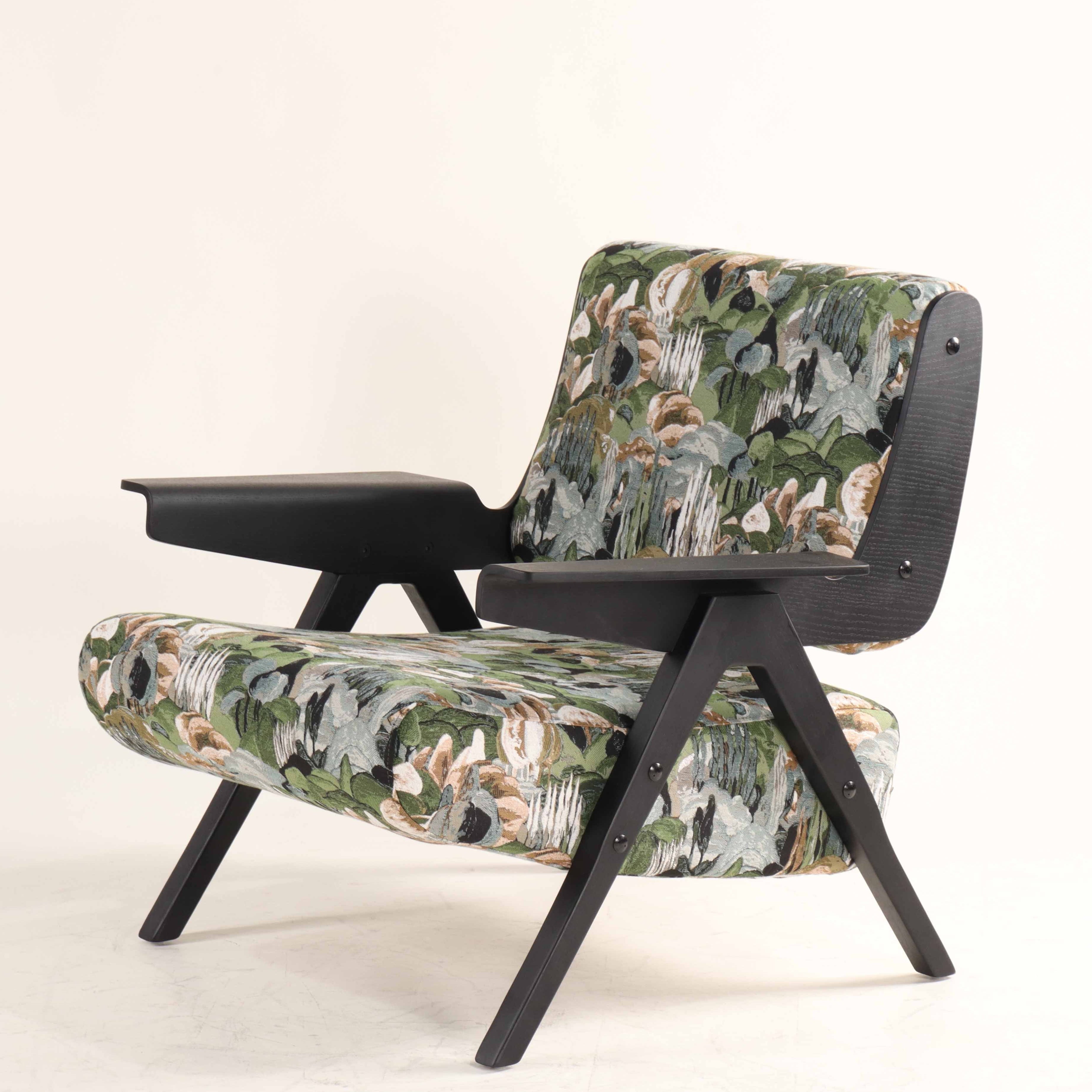 Black White Ash Wood Armchair - Floral Patterned Linen Upholstery