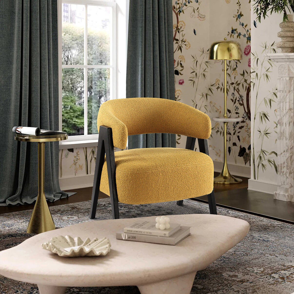 Terry Velour Mustard Yellow Lounge
 Chair in Cozy Living Space